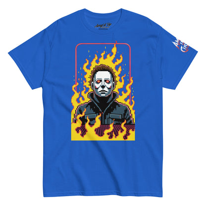 Amp'd Up Custom Retro Jason T-Shirt with pixel art design of Jason surrounded by flames on blue fabric
