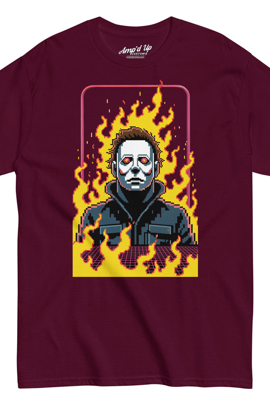 Amp'd Up Custom Retro Jason T-Shirt in maroon with pixel art design of Jason surrounded by flames