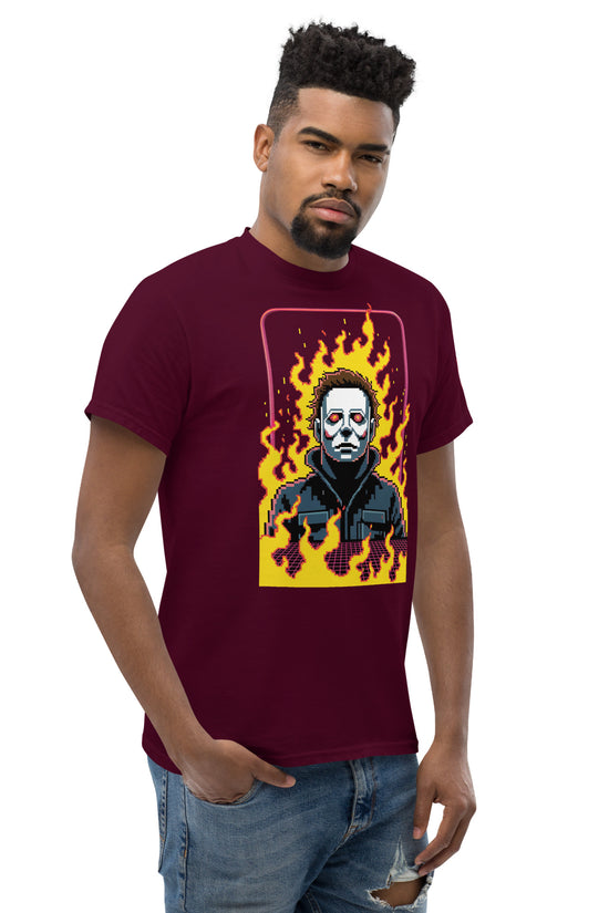 Retro Jason T-Shirt by Amp'd Up Custom featuring flaming graphic of Jason Voorhees on maroon tee