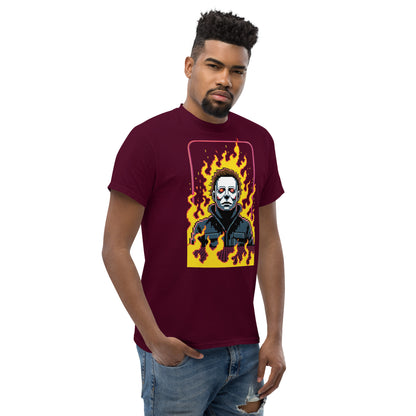 Retro Jason T-Shirt by Amp'd Up Custom featuring flaming graphic of Jason Voorhees on maroon tee