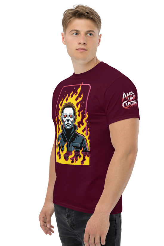 Retro Jason T-Shirt by Amp'd Up Custom in maroon with fiery pixel art Jason graphic on front