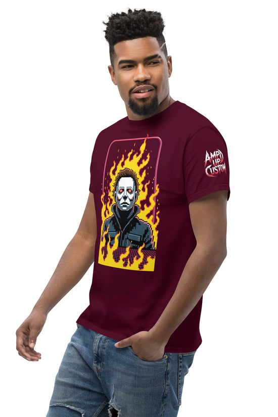 Retro Jason T-Shirt by Amp'd Up Custom in maroon with fiery graphic worn by male model