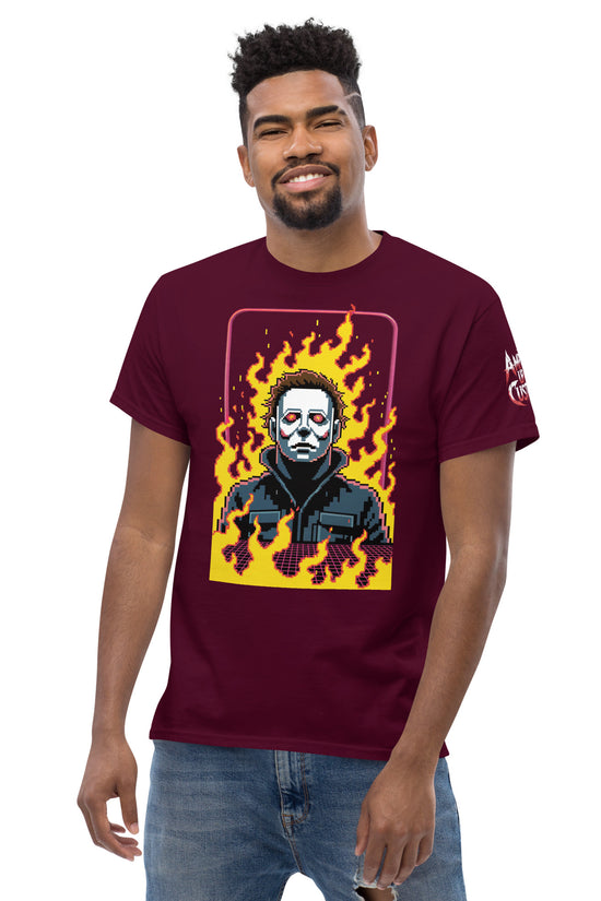 Man wearing a maroon Retro Jason T-Shirt with flaming graphic design from Amp'd Up Custom