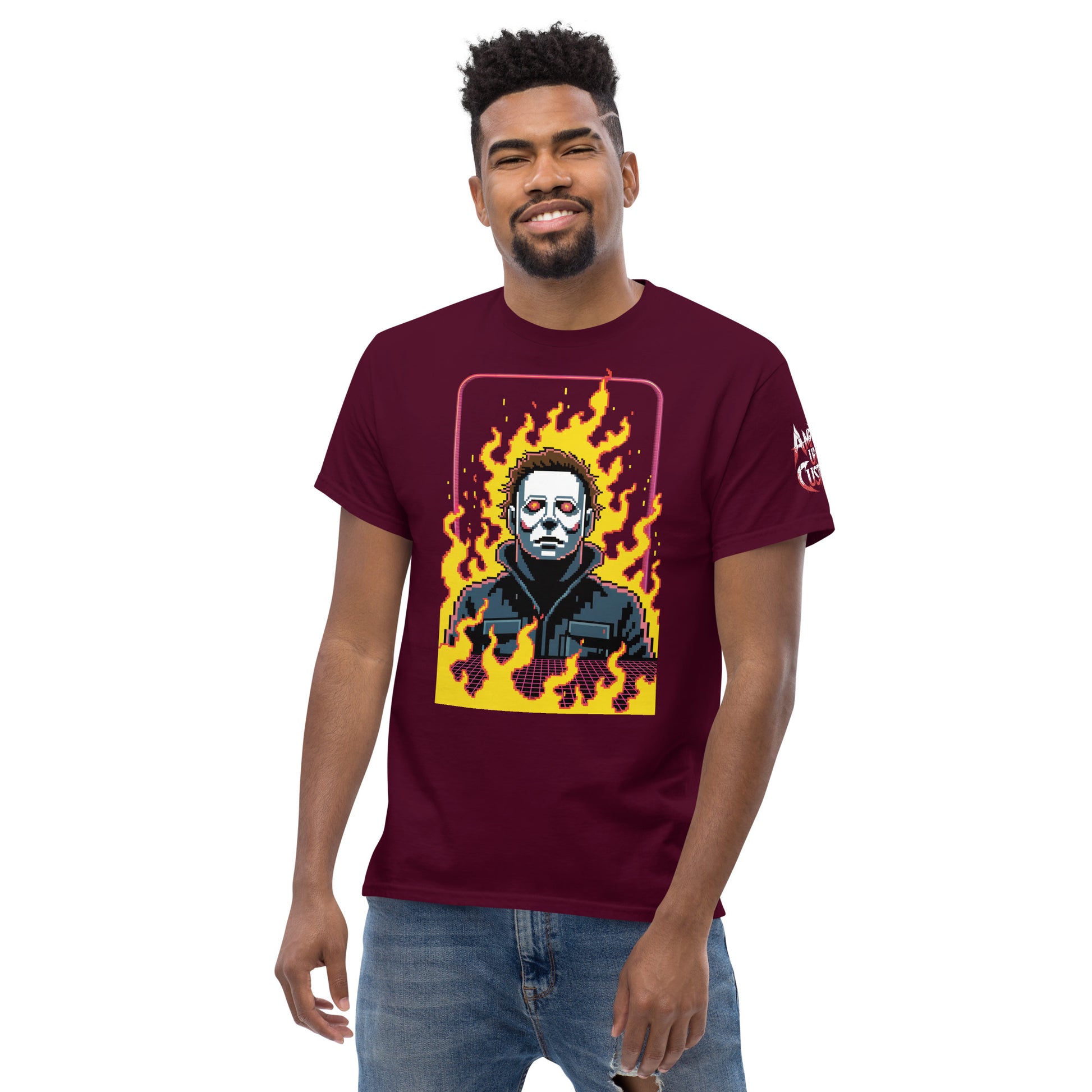 Man wearing a maroon Retro Jason T-Shirt with flaming graphic design from Amp'd Up Custom