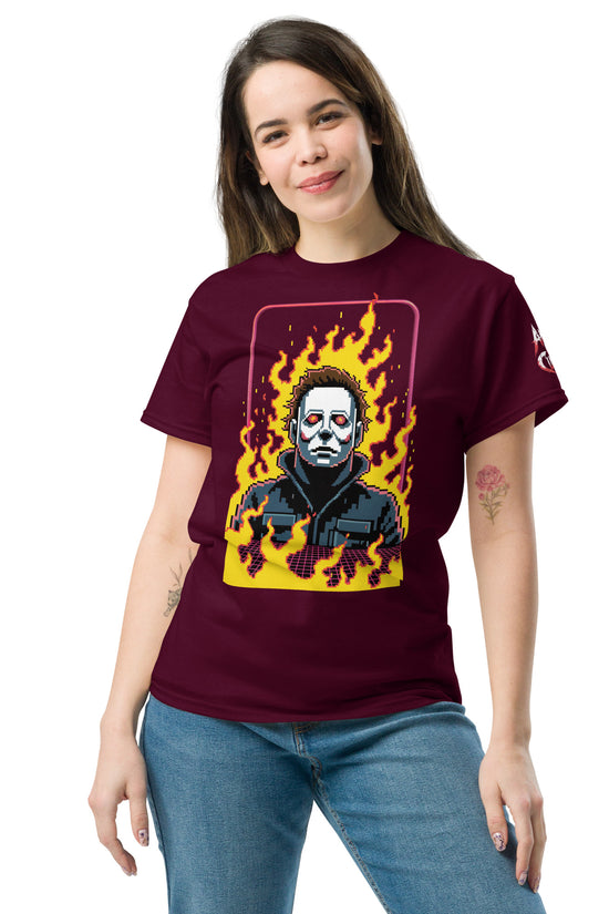 Woman wearing Amp'd Up Custom Retro Jason T-Shirt with fiery graphic design on maroon fabric