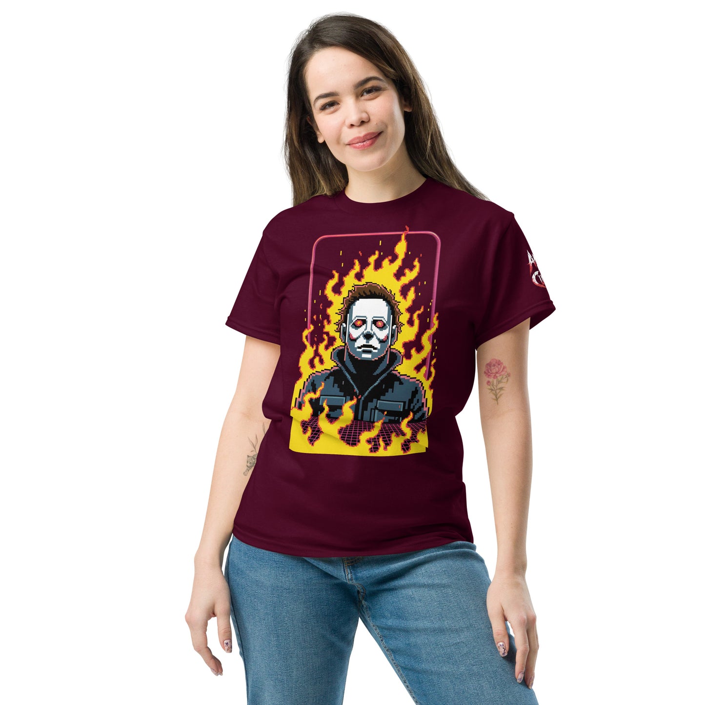 Woman wearing Amp'd Up Custom Retro Jason T-Shirt with fiery graphic design on maroon fabric