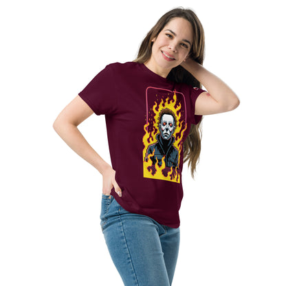 Woman wearing a burgundy Retro Jason T-Shirt with a graphic of a flaming Jason mask on the front