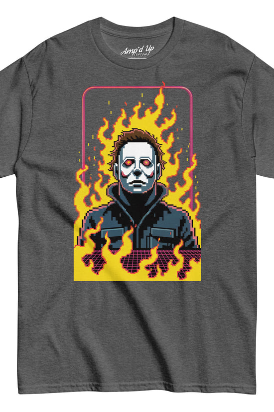 Amp'd Up Custom Retro Jason T-Shirt with pixel art design of Jason surrounded by flames