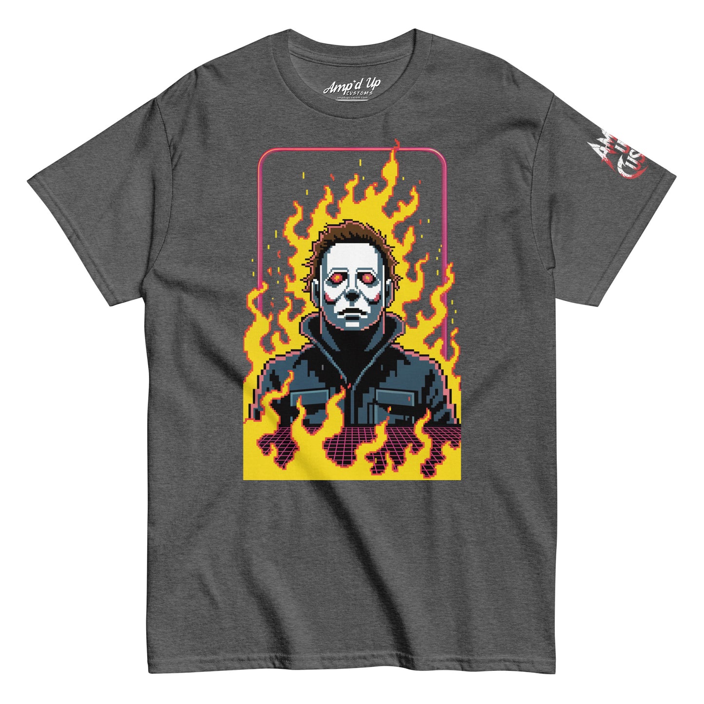 Amp'd Up Custom Retro Jason T-Shirt with pixel art design of Jason surrounded by flames