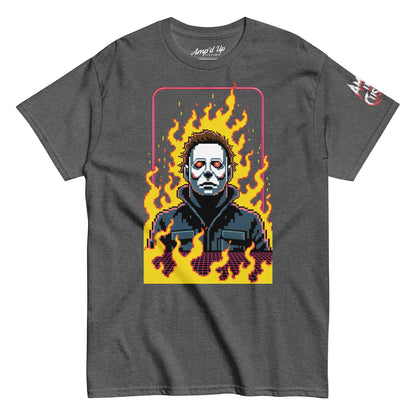 Amp'd Up Custom Retro Jason T-Shirt with pixel art design of Jason surrounded by flames