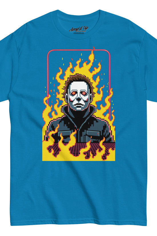 Amp'd Up Custom Retro Jason T-Shirt with pixel art horror character and flames on blue fabric