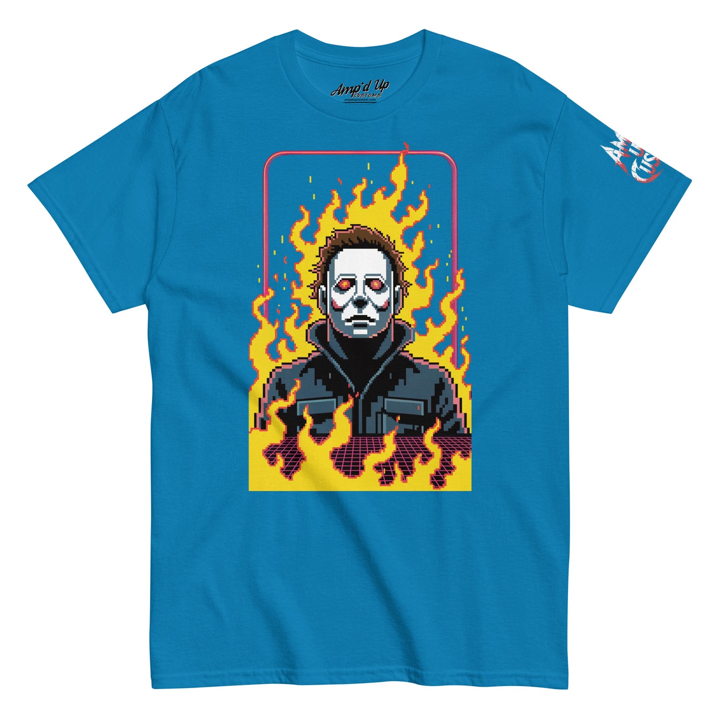 Amp'd Up Custom Retro Jason T-Shirt with pixel art horror character and flames on blue fabric