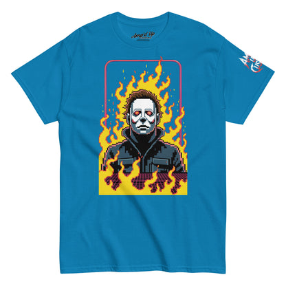 Amp'd Up Custom Retro Jason T-Shirt with pixel art horror character and flames on blue fabric