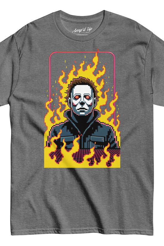 Gray Amp'd Up Custom Retro Jason T-Shirt featuring pixel art Jason mask with flames background