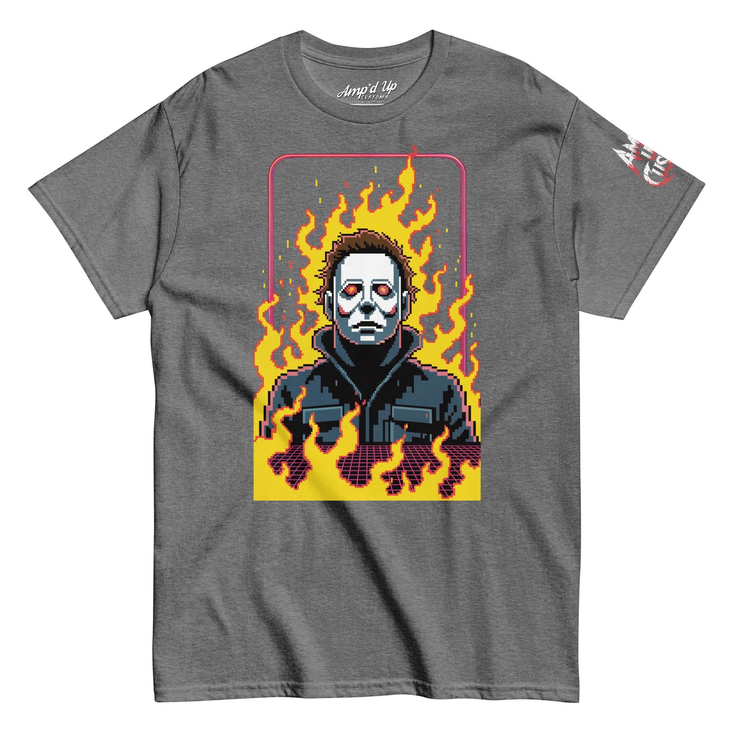 Gray Amp'd Up Custom Retro Jason T-Shirt featuring pixel art Jason mask with flames background