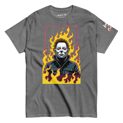 Gray Amp'd Up Custom Retro Jason T-Shirt featuring pixel art Jason mask with flames background