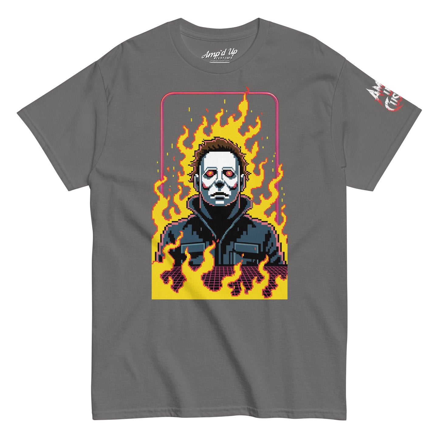 Amp'd Up Custom Retro Jason T-Shirt featuring pixel art of Jason with flames on a gray tee