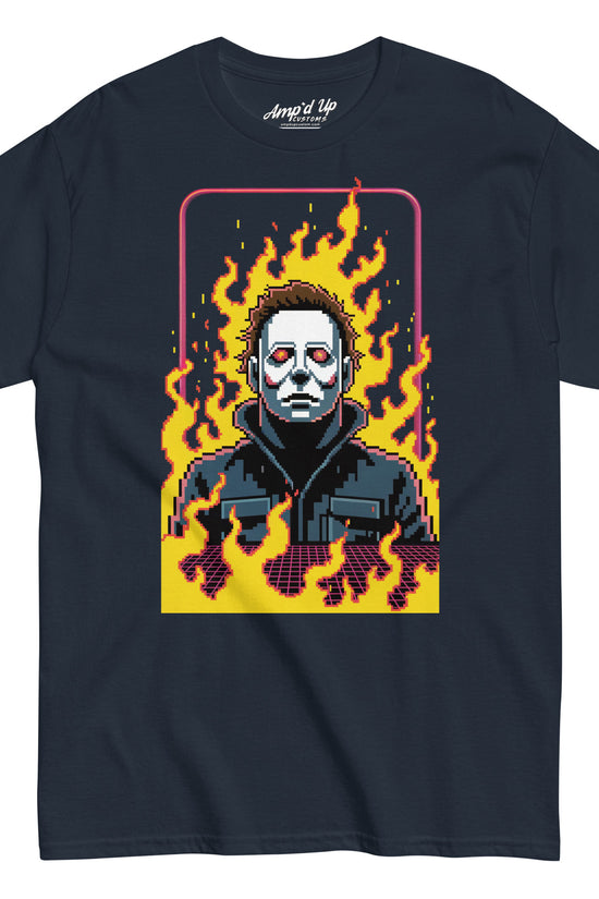 Amp'd Up Custom Retro Jason T-Shirt with pixel art of Jason surrounded by flames on black tee
