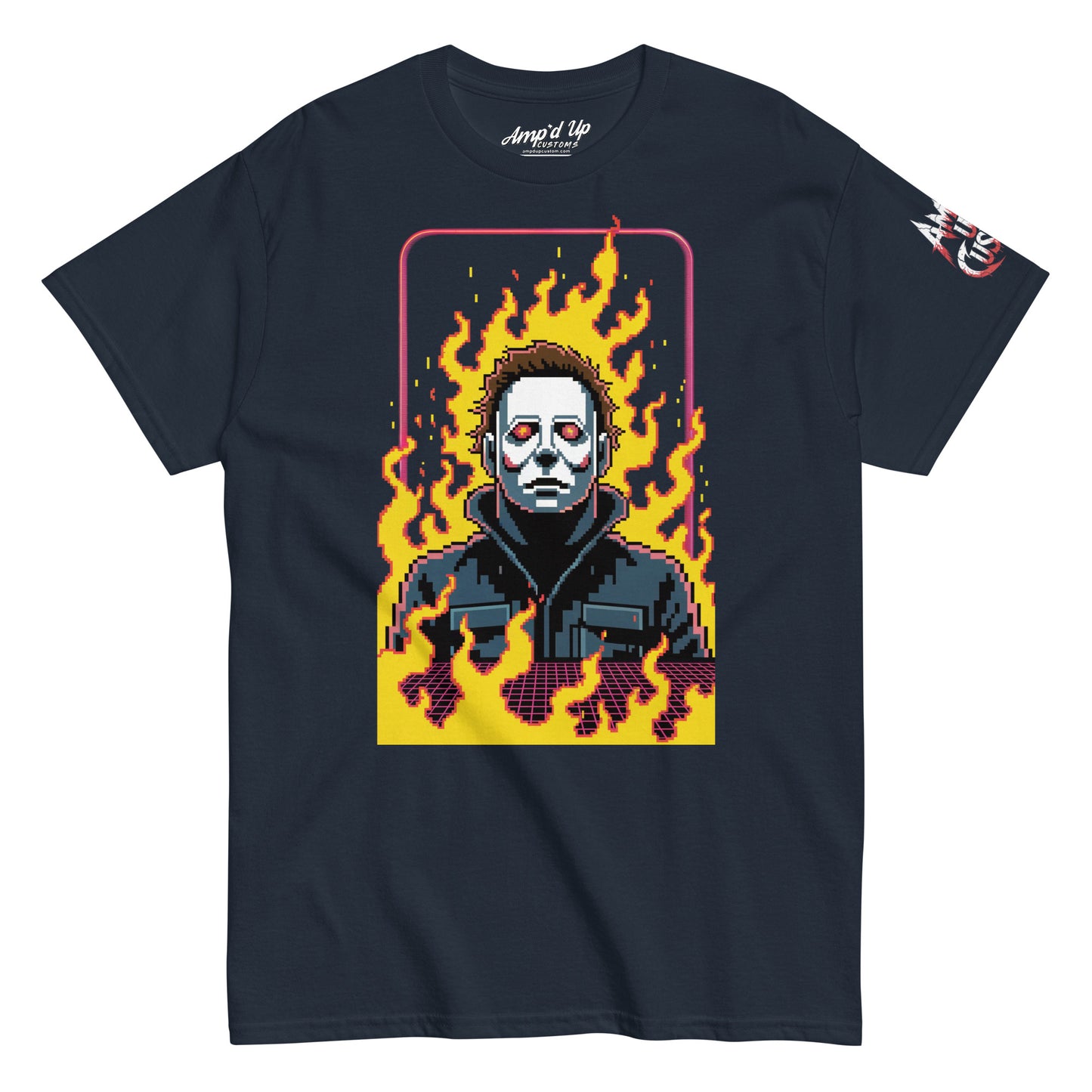 Amp'd Up Custom Retro Jason T-Shirt with pixel art of Jason surrounded by flames on black tee