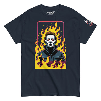 Amp'd Up Custom Retro Jason T-Shirt with pixel art of Jason surrounded by flames on black tee