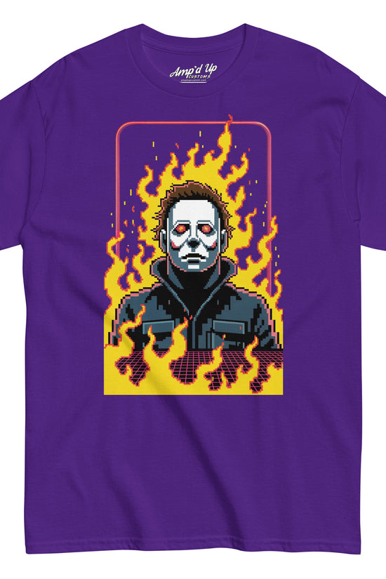 Purple Retro Jason T-Shirt by Amp'd Up Custom featuring pixel art style Jason with flames background
