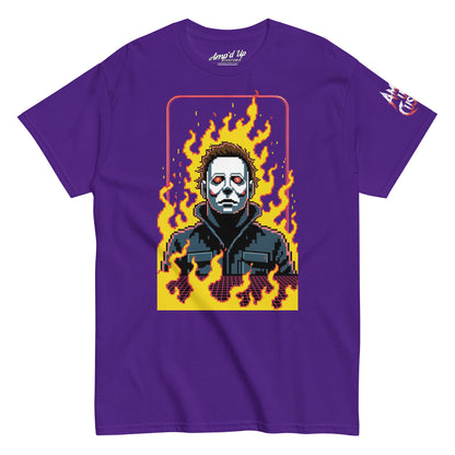Purple Retro Jason T-Shirt by Amp'd Up Custom featuring pixel art style Jason with flames background