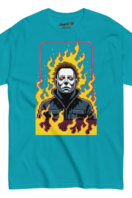 Amp'd Up Custom Retro Jason T-Shirt featuring pixel art Jason with flames on turquoise background