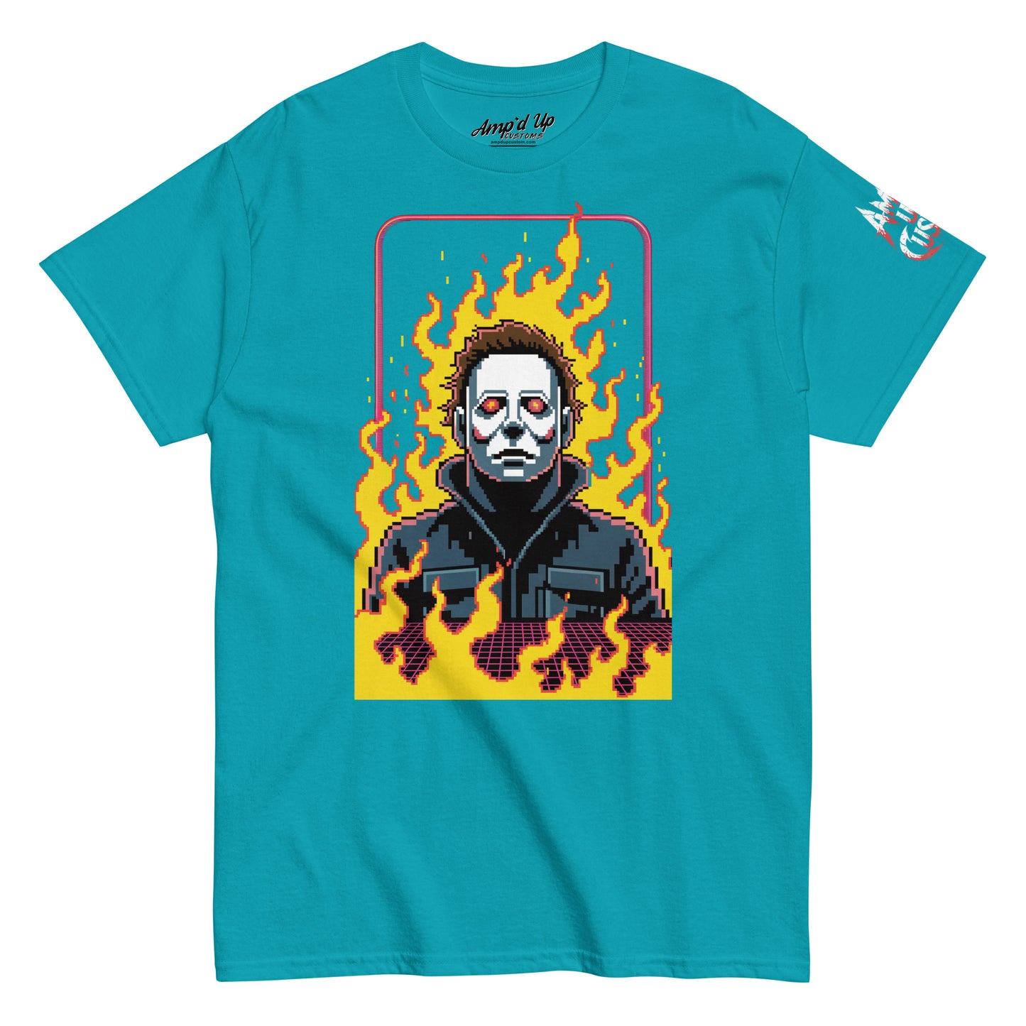 Amp'd Up Custom Retro Jason T-Shirt featuring pixel art Jason with flames on turquoise background