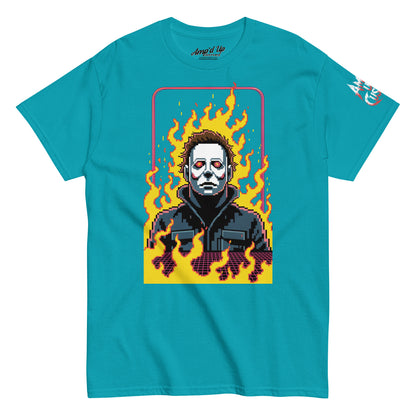 Amp'd Up Custom Retro Jason T-Shirt featuring pixel art Jason with flames on turquoise background