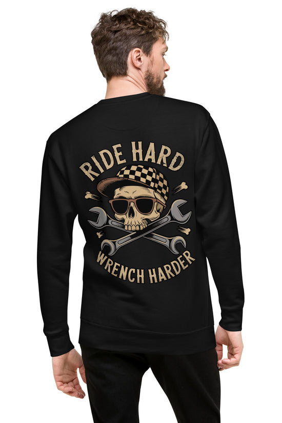 Back illustration of the Amp'd Up Custom Ride Hard, Wrench Harder Sweatshirt featuring a skull and crossed wrenches