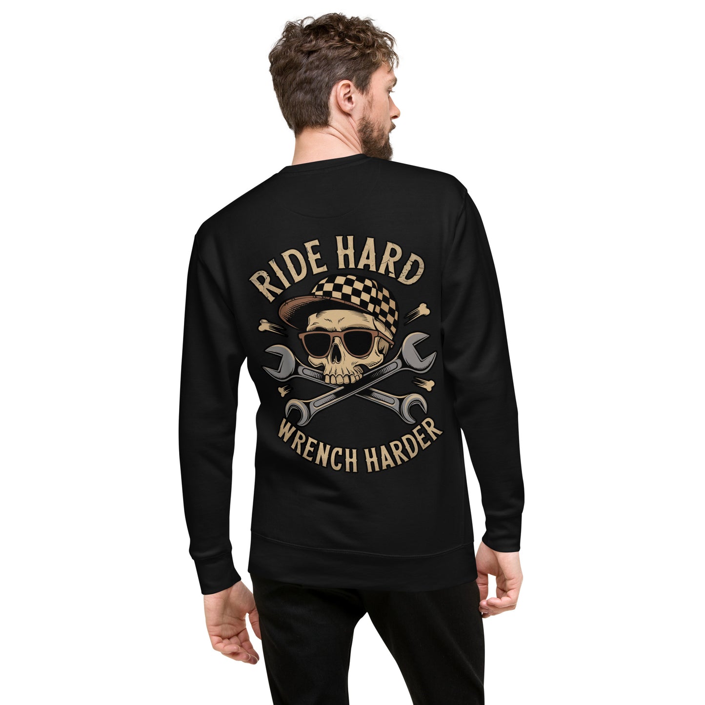 Back illustration of the Amp'd Up Custom Ride Hard, Wrench Harder Sweatshirt featuring a skull and crossed wrenches