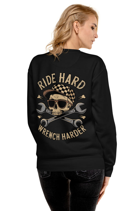 Back view of Ride Hard, Wrench Harder Sweatshirt featuring a skull and wrench design