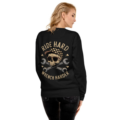 Back view of Ride Hard, Wrench Harder Sweatshirt featuring a skull and wrench design