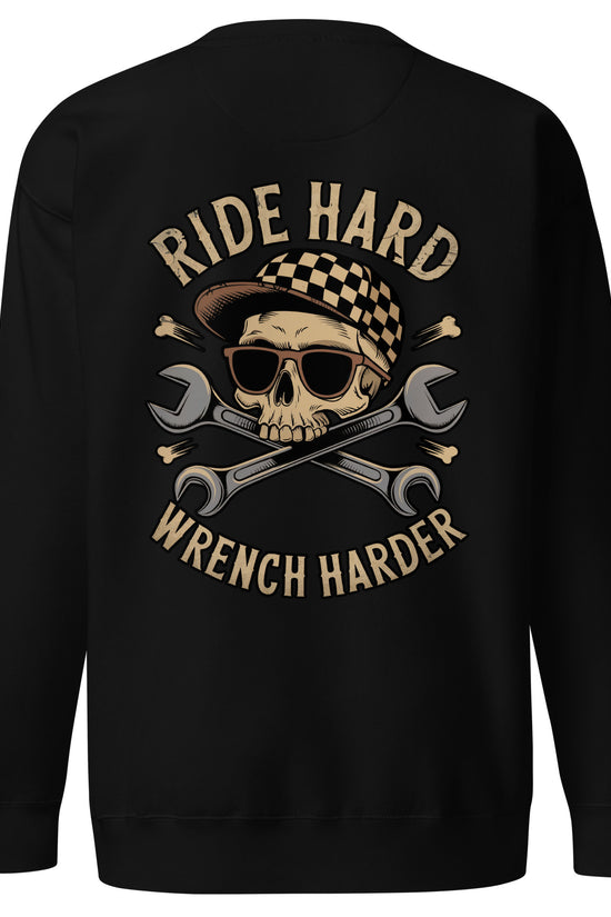 Back illustration of Ride Hard, Wrench Harder Sweatshirt featuring a skull design with wrenches