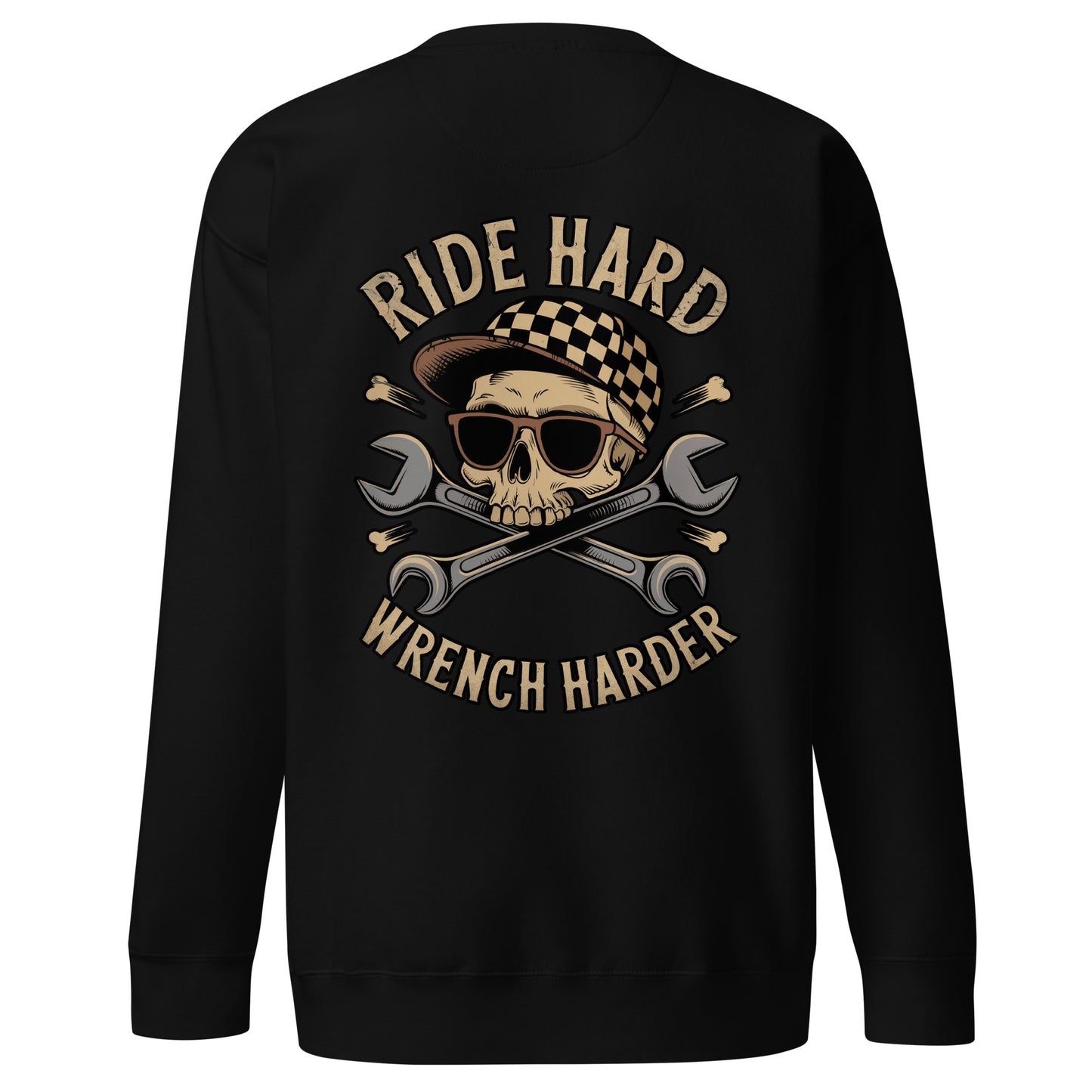 Back illustration of Ride Hard, Wrench Harder Sweatshirt featuring a skull design with wrenches