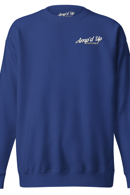 Back illustration of Ride Hard, Wrench Harder Sweatshirt from Amp'd Up Custom in blue fabric