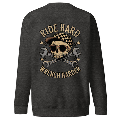 Back illustration of Ride Hard, Wrench Harder Sweatshirt with skull design and crossed wrenches