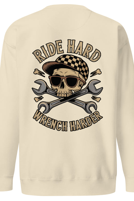 Back illustration of Ride Hard, Wrench Harder Sweatshirt featuring a skull with sunglasses and crossed wrenches