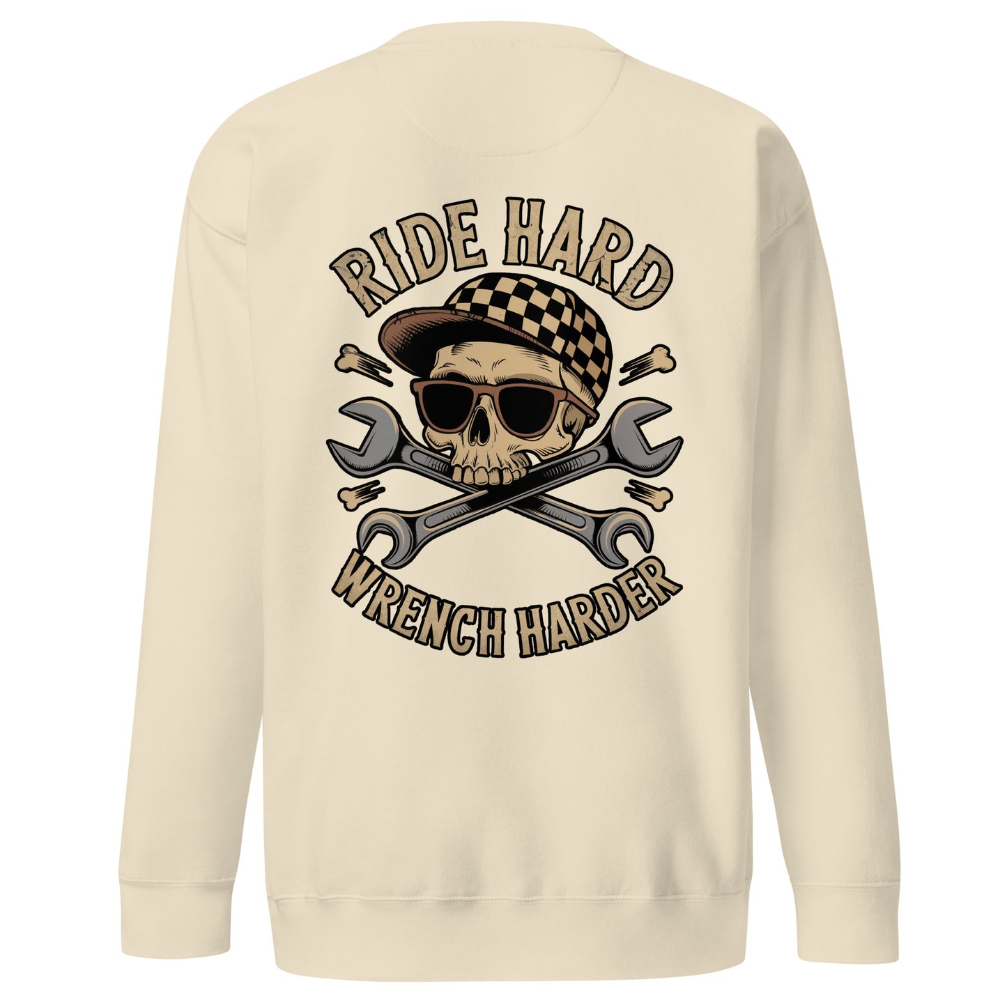 Back illustration of Ride Hard, Wrench Harder Sweatshirt featuring a skull with sunglasses and crossed wrenches