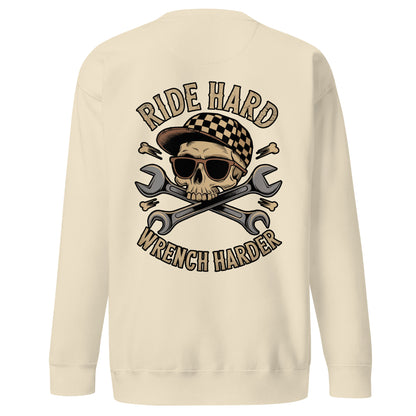 Back illustration of Ride Hard, Wrench Harder Sweatshirt featuring a skull with sunglasses and crossed wrenches