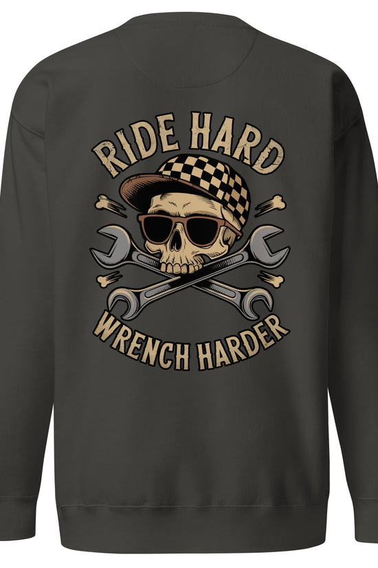 Back illustration of Ride Hard, Wrench Harder Sweatshirt featuring a skull and wrenches