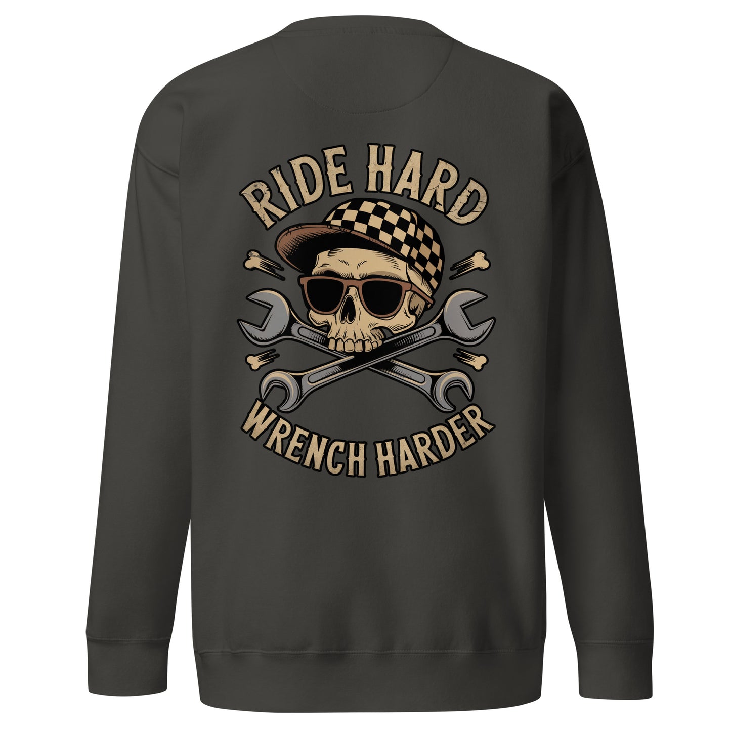 Back illustration of Ride Hard, Wrench Harder Sweatshirt featuring a skull and wrenches