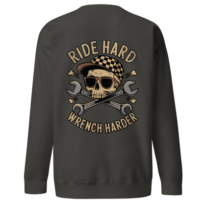 Back illustration of Ride Hard, Wrench Harder Sweatshirt featuring a skull and wrenches