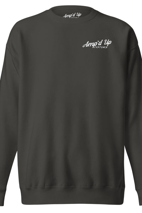 Back illustration of Ride Hard, Wrench Harder Sweatshirt by Amp'd Up Custom in dark color