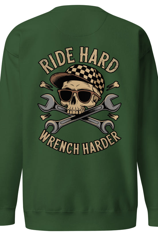 Back illustration of the Ride Hard, Wrench Harder Sweatshirt featuring a skull design with wrenches