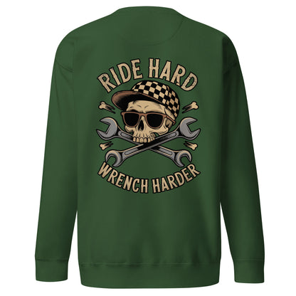 Back illustration of the Ride Hard, Wrench Harder Sweatshirt featuring a skull design with wrenches