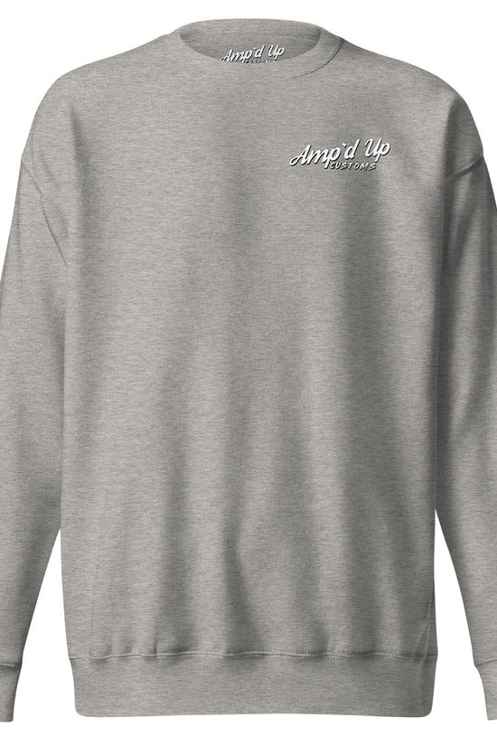 Gray Amp'd Up Custom Ride Hard, Wrench Harder Sweatshirt featuring a stylish back illustration