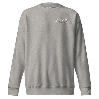 Gray Amp'd Up Custom Ride Hard, Wrench Harder Sweatshirt featuring a stylish back illustration