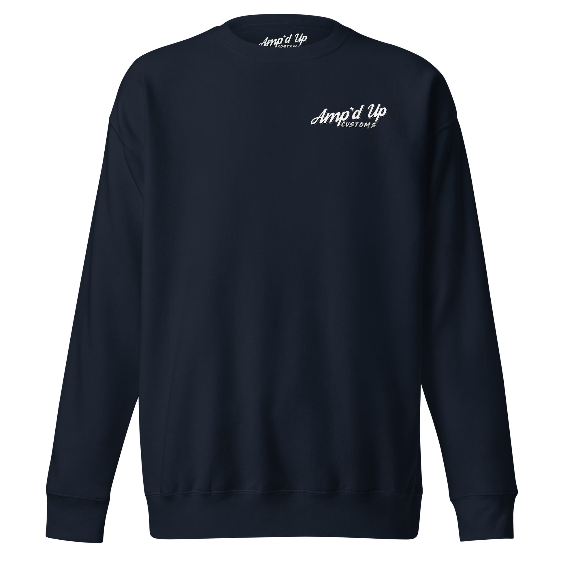 Back illustration of the Ride Hard, Wrench Harder Sweatshirt by Amp'd Up Custom in navy blue