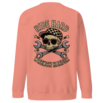 Back view of the Ride Hard, Wrench Harder Sweatshirt featuring a skull and crossed wrenches in bold design